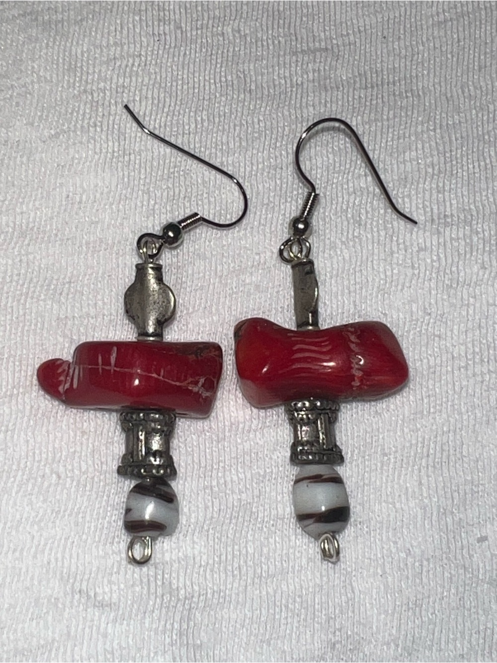 Red Glass Bead Drop Earrings with Silver Accents - Women's Jewelry